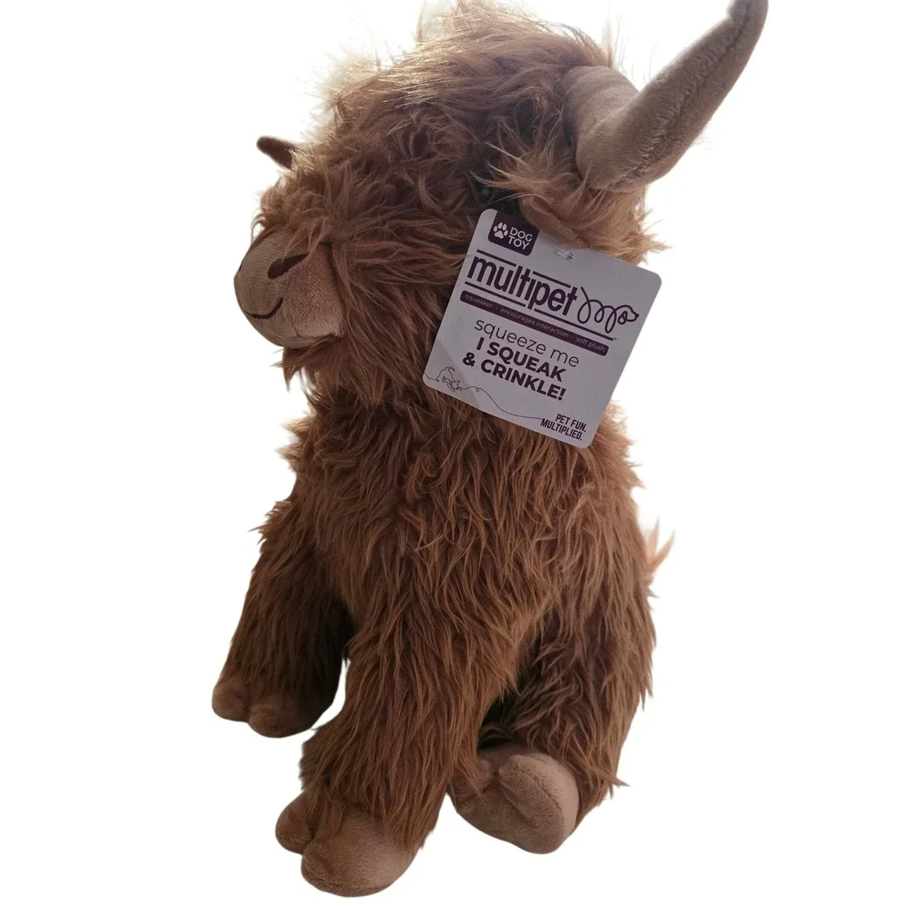 Multipet Highland Cow Brown Plush‎ Dog Toy Squeaker Crinkle 87381 New